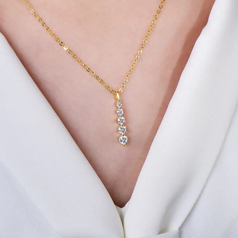 Lnngy Brilliant 5-Stone Moissanite Necklace 14K Gold Filled Long Drop Pendant Necklace for Women Female Jewelry Accessories