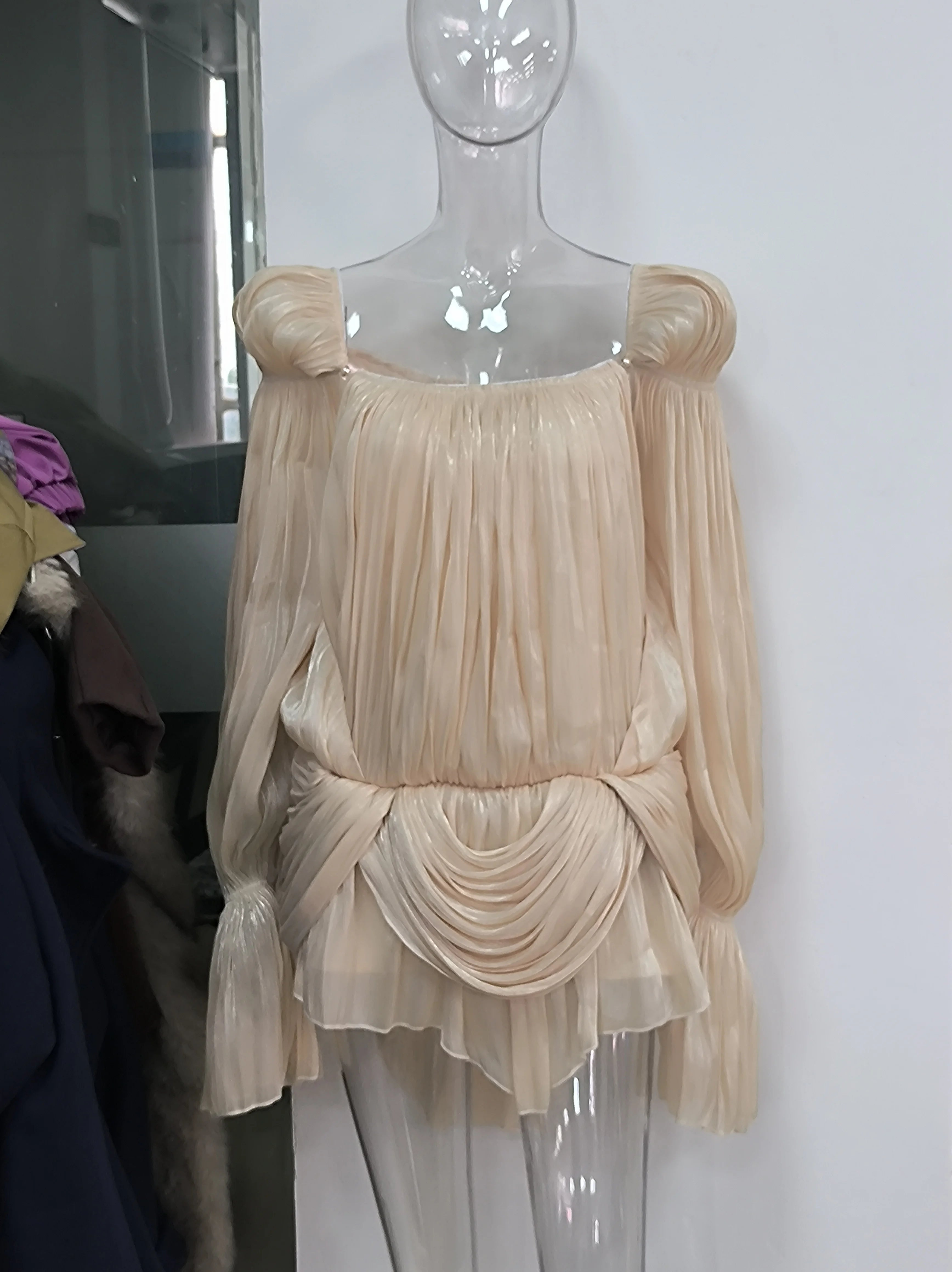 Satin Off Shoulder Pleated Mini Dress for Women Fashion Puff Sleeve  Cinched Waist Prom Party Skirt 2026 NEW Summer Lady Dresses