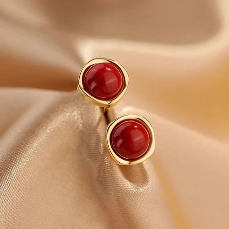 Real 925 Sterling Silver 14K Gold Red Bead Geometric Mini Stud Earrings For Women Classic Fine Jewelry Light Luxury Accessories