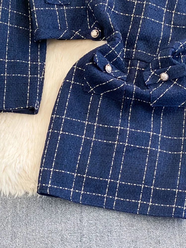 Autumn Dress Suit Women Luxury Korean Chic Blue Tweed Jacket + Vest Dress Elegant 2 Piece Set Long Sleeve Cropped Coat