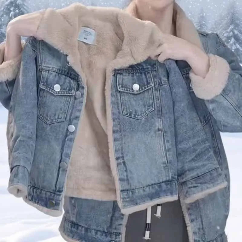 Girls Padded Denim Coat Boys Thicken Jacket Winter Children's Plus Velvet Outerwear Autumn Warm Loose Parkas Kids Fashion Clothe