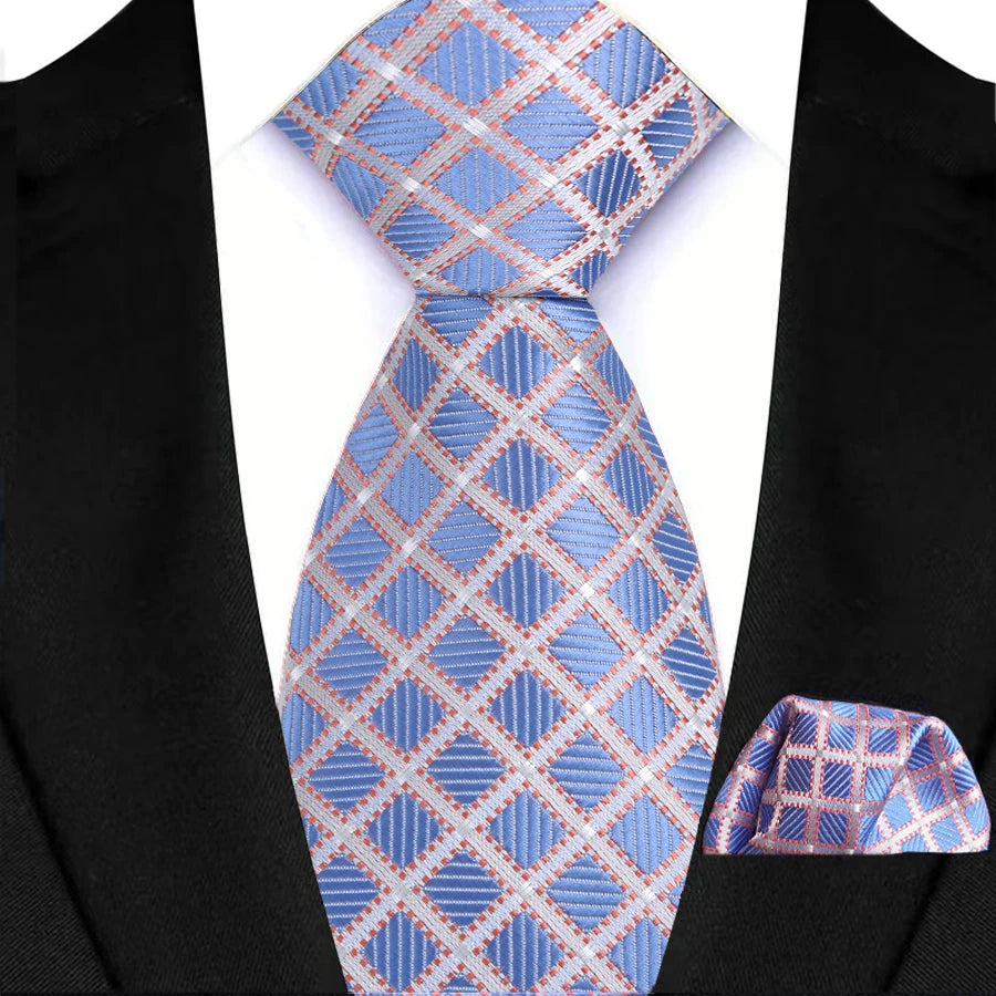 Men's Ties Set Luxury Floral Plaid Solid Light Blue Ties Business Party Formal Necktie Pocket Square Set Suits Accessory Gift