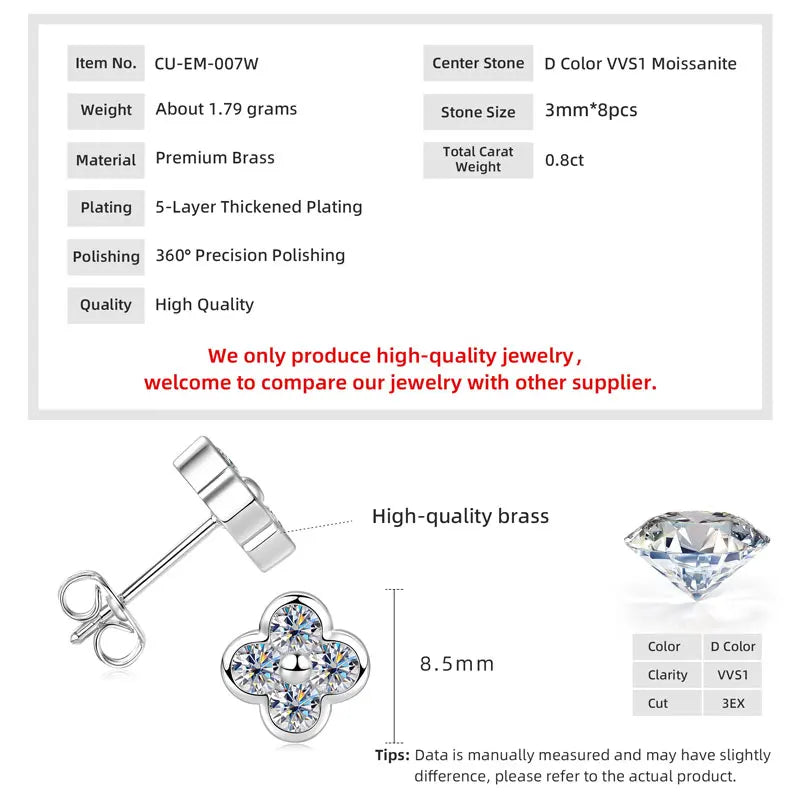 Lnkry 14K Gold Filled Four Leaf Flower Stud Earrings Dazzling Certified 3mm Moissanite Earring for Women 2026 Trend Jewelry Gift