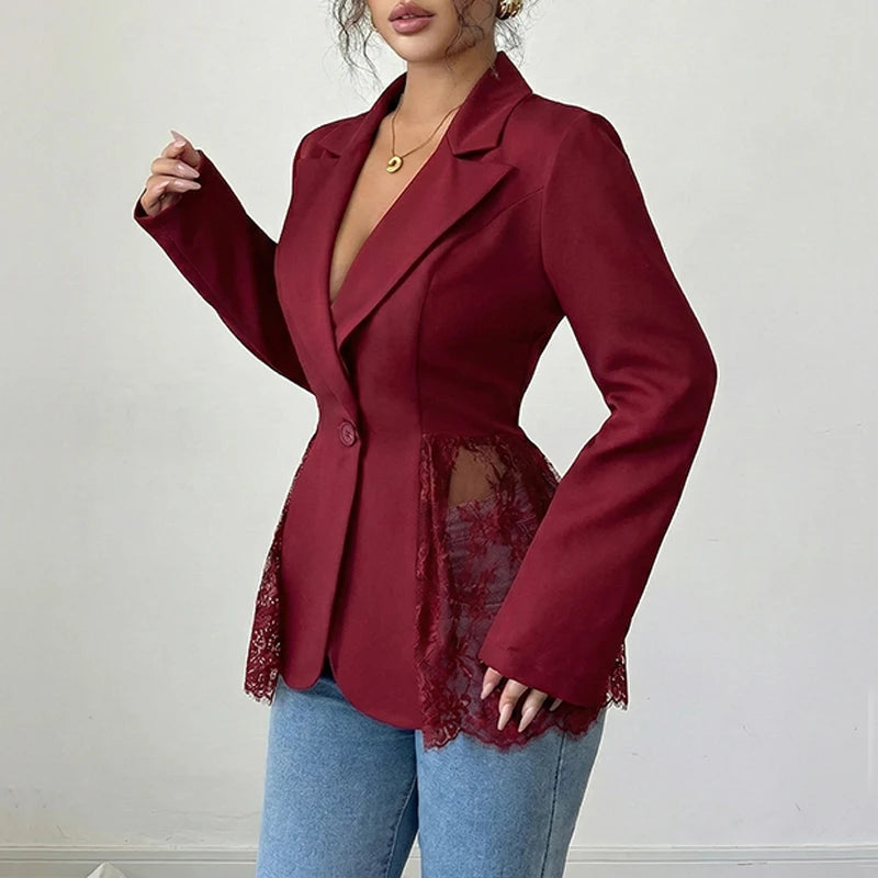 Elegant Lace Patchwork Blazer Women Fashion Notched Collar Long Sleeve One-button Perspective Sexy Versatile Suit Coat