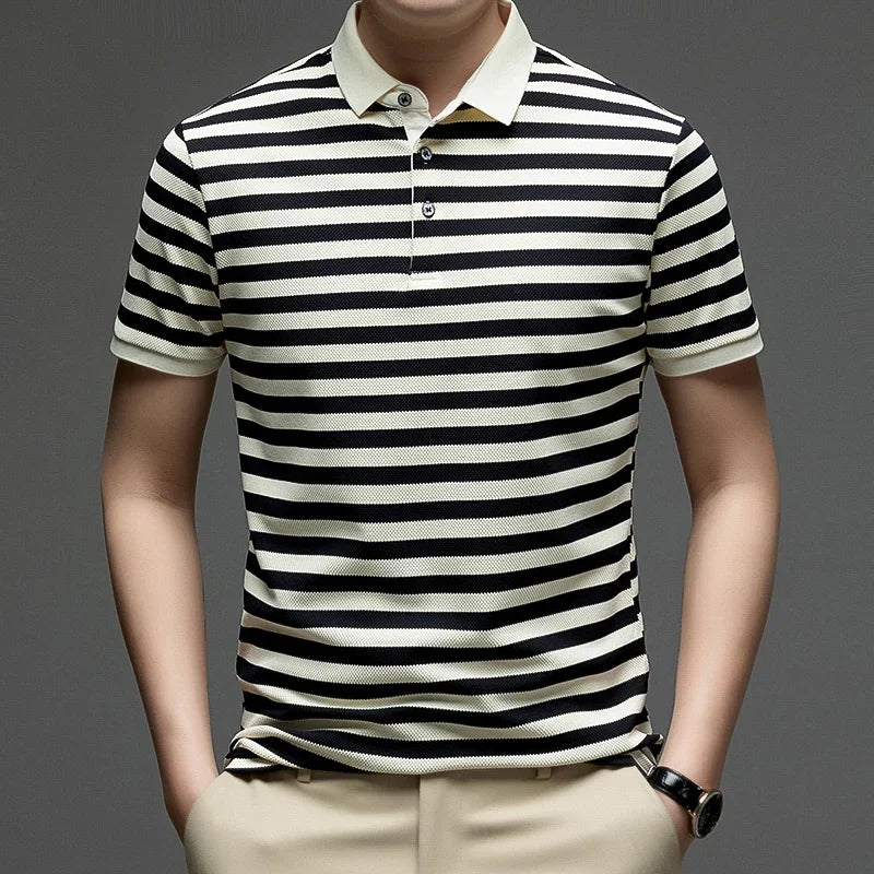 Mens Striped Polo Shirt Short Sleeve Classic Collar Breathable Casual Top For Daily Wear And Summer