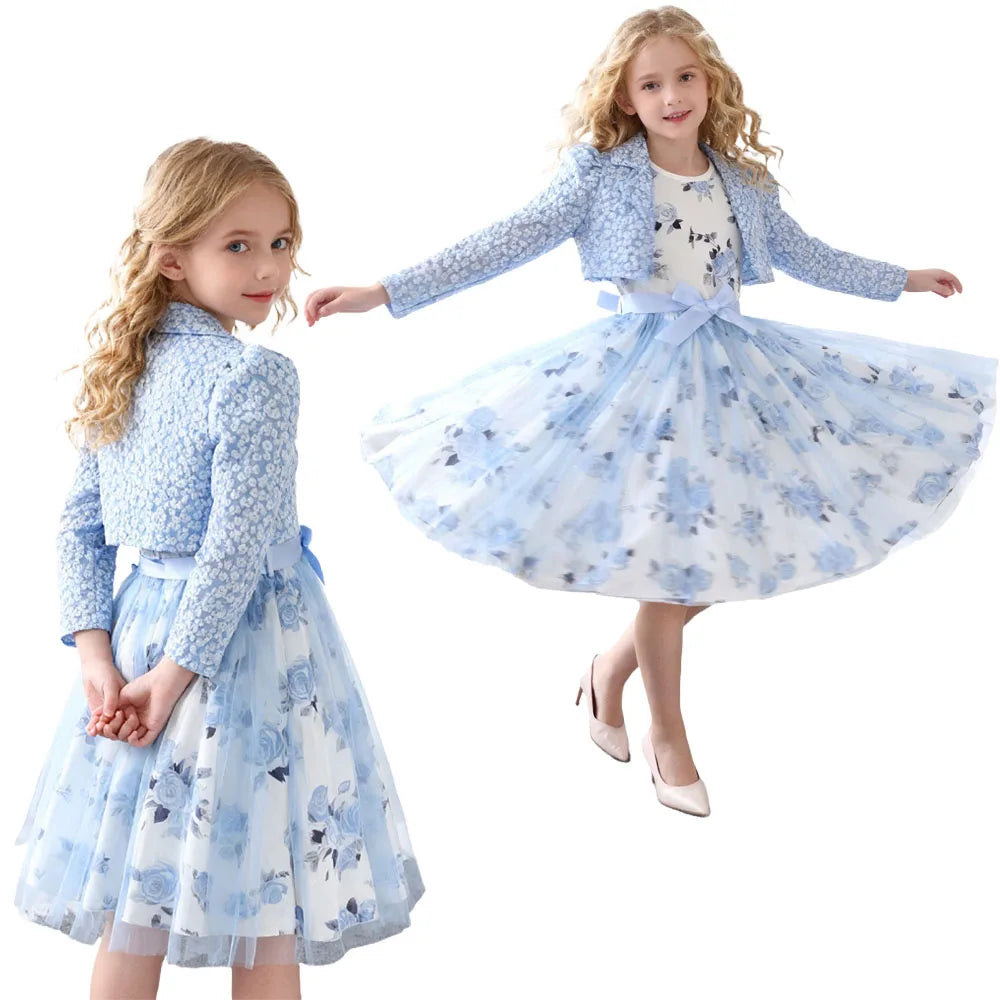 Elegant Girl Suits Dress Clothes Set Teenager Girl Princess Dresses Mesh Ball Gown with Jacket Floral Party Wedding Formal Kids