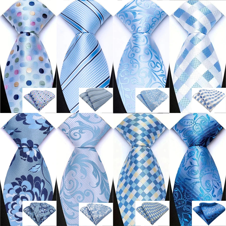 Men's Ties Set Luxury Floral Plaid Solid Light Blue Ties Business Party Formal Necktie Pocket Square Set Suits Accessory Gift