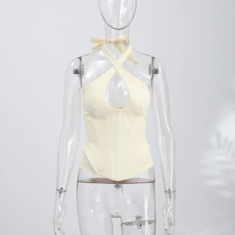 Sexy Hollow-out Fishbone Tank Tops 2026 Summer New Female Solid Halter Lace-up Backless Sleeveless Vest Women's Slim Clubwear