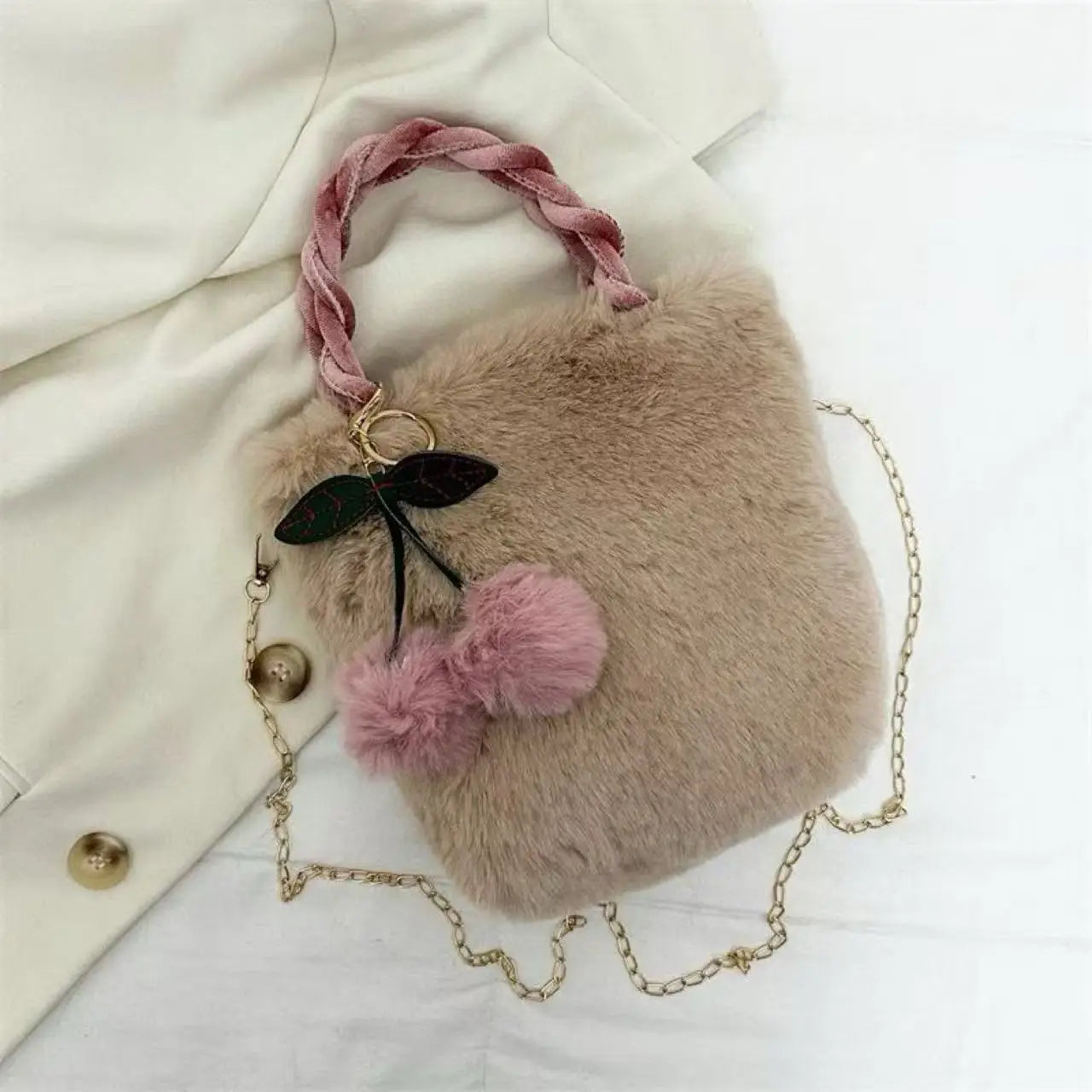 Cute Cherry Girl Plush Handbag Women's New Autumn and Winter Furry Shoulder Messenger Bag Fashion Furry Small Bag