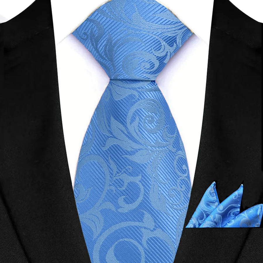 Men's Ties Set Luxury Floral Plaid Solid Light Blue Ties Business Party Formal Necktie Pocket Square Set Suits Accessory Gift