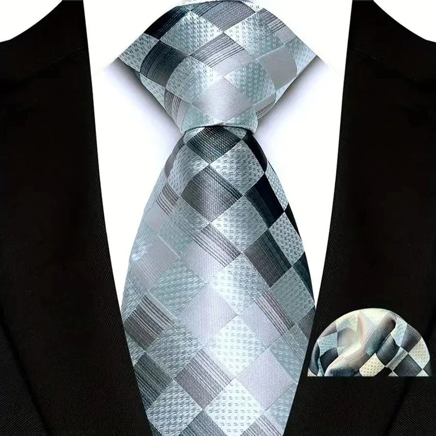 Men's Ties Set Luxury Floral Plaid Solid Light Blue Ties Business Party Formal Necktie Pocket Square Set Suits Accessory Gift