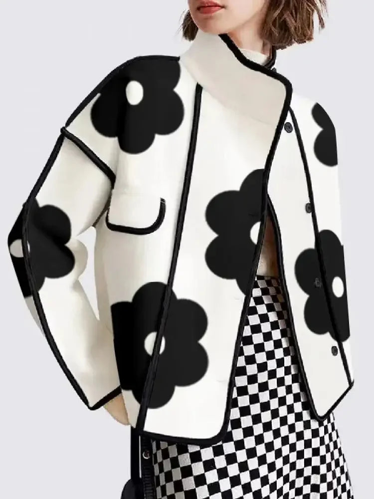 Women Spring Autumn Jackets Fashion Black Flower Print High-Neck Long Sleeves Buttoned Casual Outerwear Coats  New