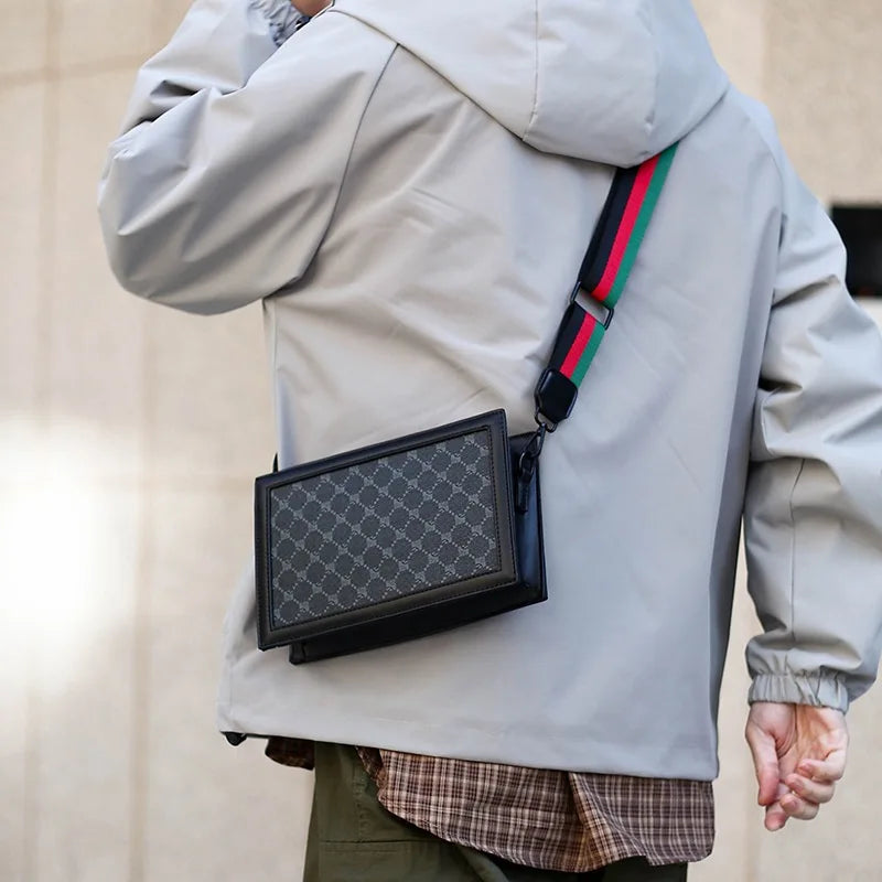 High-quality Men's Shoulder Bag Stylish Small Square Bag Minimalist Plaid Light Business Crossbody Bag Casual Street Sling Bag