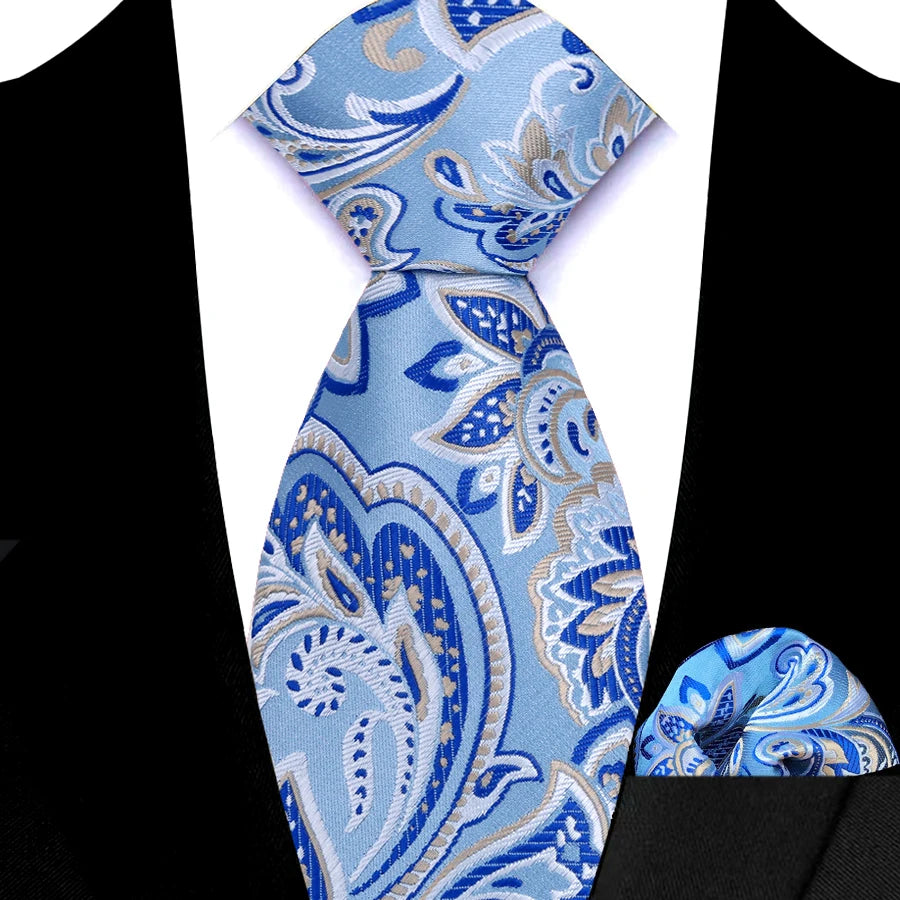 Men's Ties Set Luxury Floral Plaid Solid Light Blue Ties Business Party Formal Necktie Pocket Square Set Suits Accessory Gift