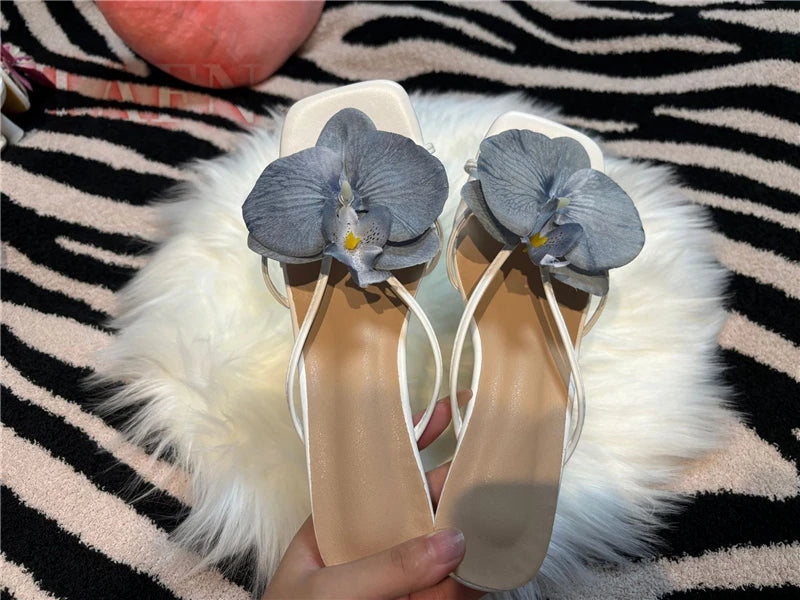 Vacation Style Flower Heeled Slippers Women Pink Blue Purple Floral Mules Square Toe Kitten Heel Slipper Fashion Beach Sandals
