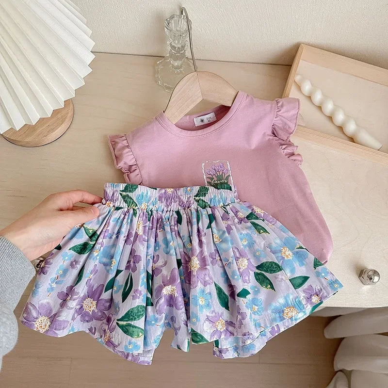 Summer Baby Girls Clothes Cotton Children's Clothing Sets for Kids  Butterfly Sleeve T-Shirts Flowers Print Shorts Two Piece