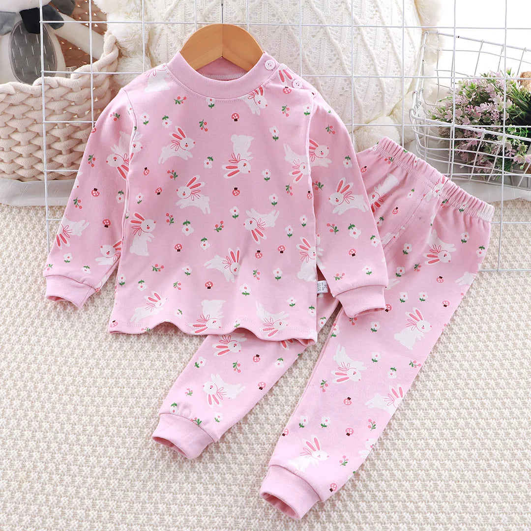 Pink Top Cartoon Design Long Sleeves Long Pants Kid Adorable Girl Pajama Set Children Cozy Night Sleep Unisex Baby Home Clothes