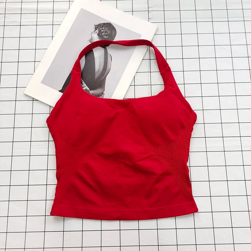 Women's Square Neck Deep Open Back Halter Bralette - Thick Straps, Slim-Fit, Removable Pads, Outerwear-Friendly Casual Top