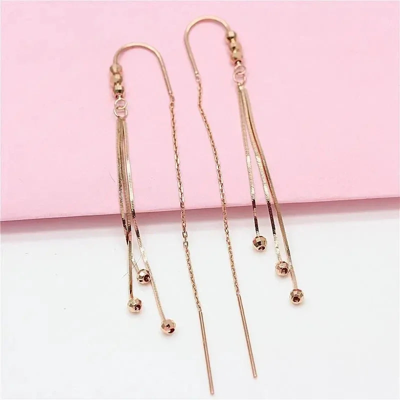 585 purple gold long ear line 14k rose gold geometric round bead fashion soft tassel chain earrings for women luxury jewelry