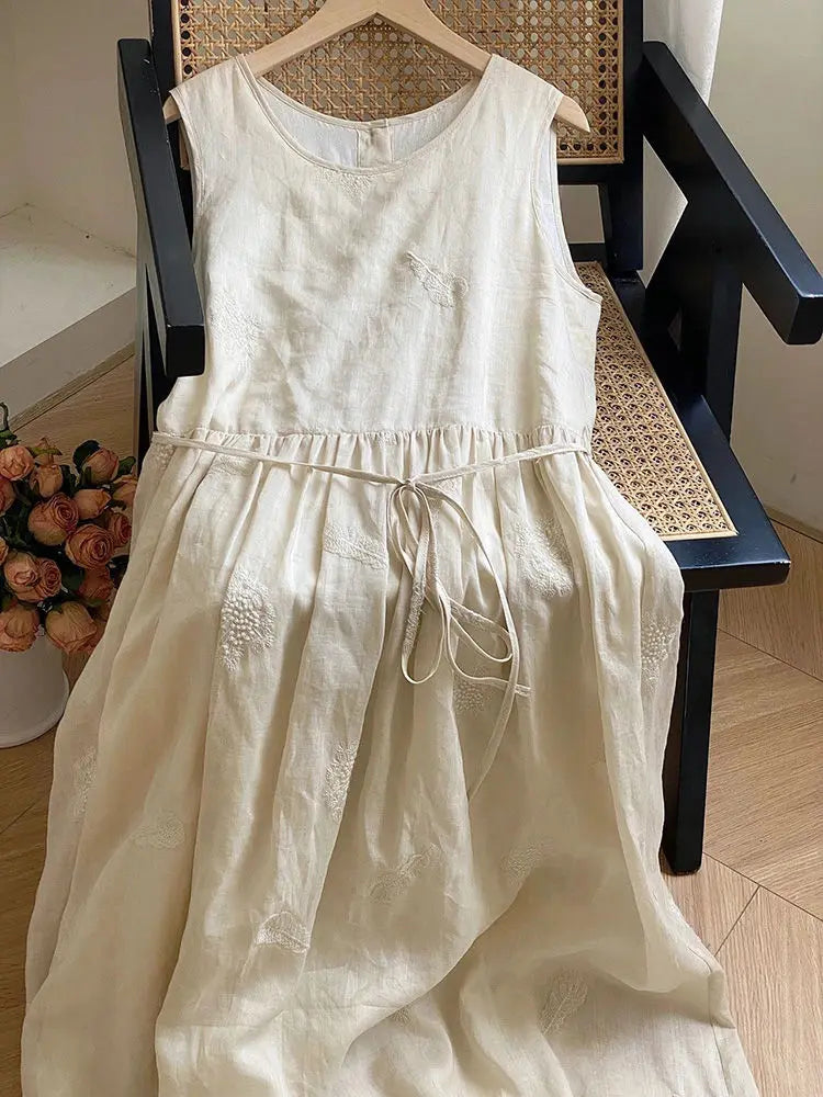 Summer Women Vest Dress Literary Style Cotton and Linen Sleeveless Mid-length A-Line Embroidery Sundress Chic Female Dress