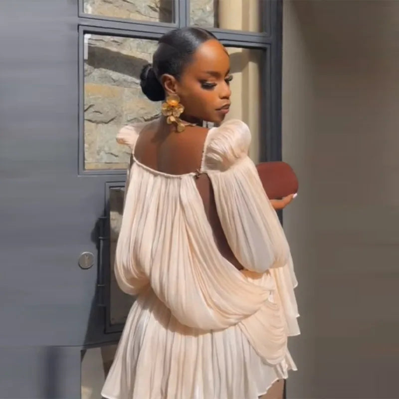 Satin Off Shoulder Pleated Mini Dress for Women Fashion Puff Sleeve  Cinched Waist Prom Party Skirt 2026 NEW Summer Lady Dresses