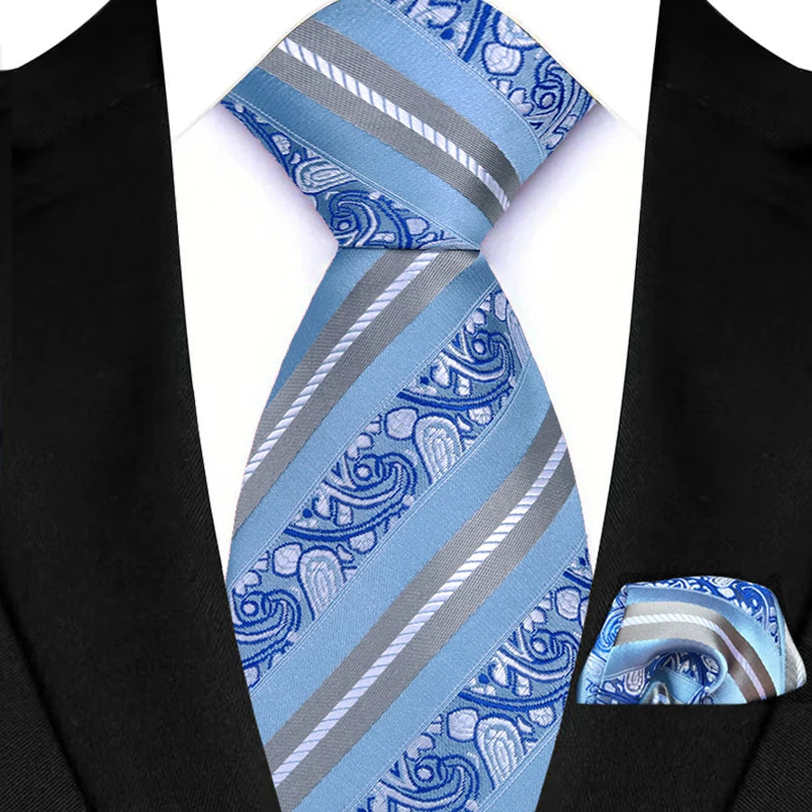 Men's Ties Set Luxury Floral Plaid Solid Light Blue Ties Business Party Formal Necktie Pocket Square Set Suits Accessory Gift