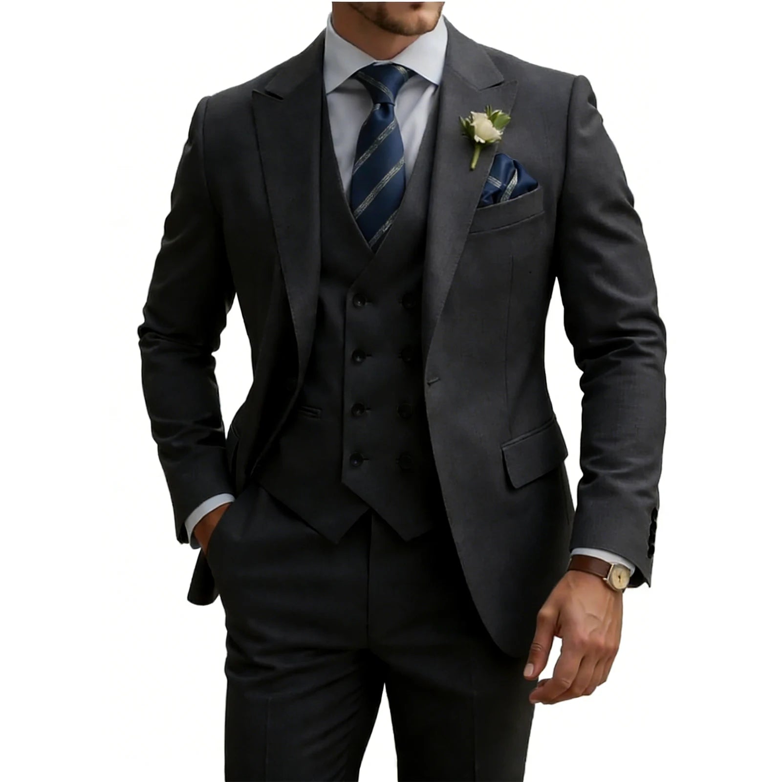 Mens 3 Piece Slim Fit For Men Double Breasted Suit Wedding Prom Suits Formal Business Dinner Tuxedo