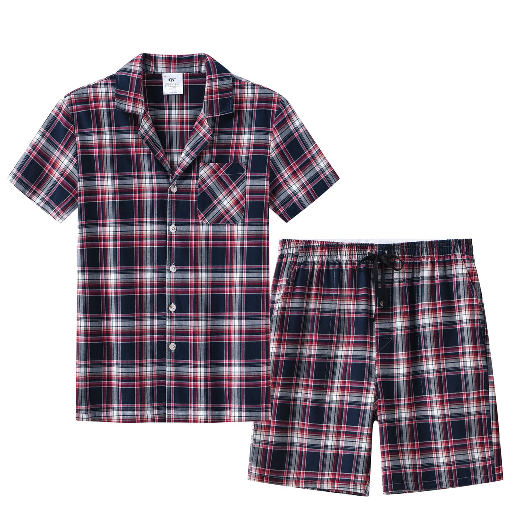 Men Summer Short Pajama Set, 2Pcs 100% Cotton Breathable Crop Pajama Short Sets Bottoms & Tops Cozy Suit for Home Outdoor