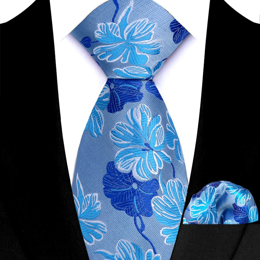 Men's Ties Set Luxury Floral Plaid Solid Light Blue Ties Business Party Formal Necktie Pocket Square Set Suits Accessory Gift