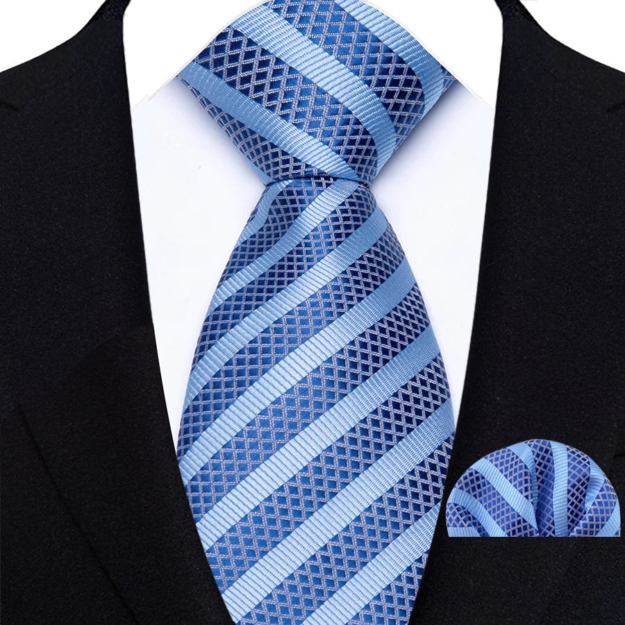 Men's Ties Set Luxury Floral Plaid Solid Light Blue Ties Business Party Formal Necktie Pocket Square Set Suits Accessory Gift