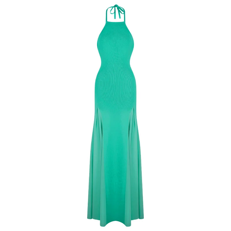 Women's Halter Neck Open Back Maxi Dress Ribbed Knit Top Flowy Chiffon Hem Bodycon Female Summer Evening Vacation Party Dress
