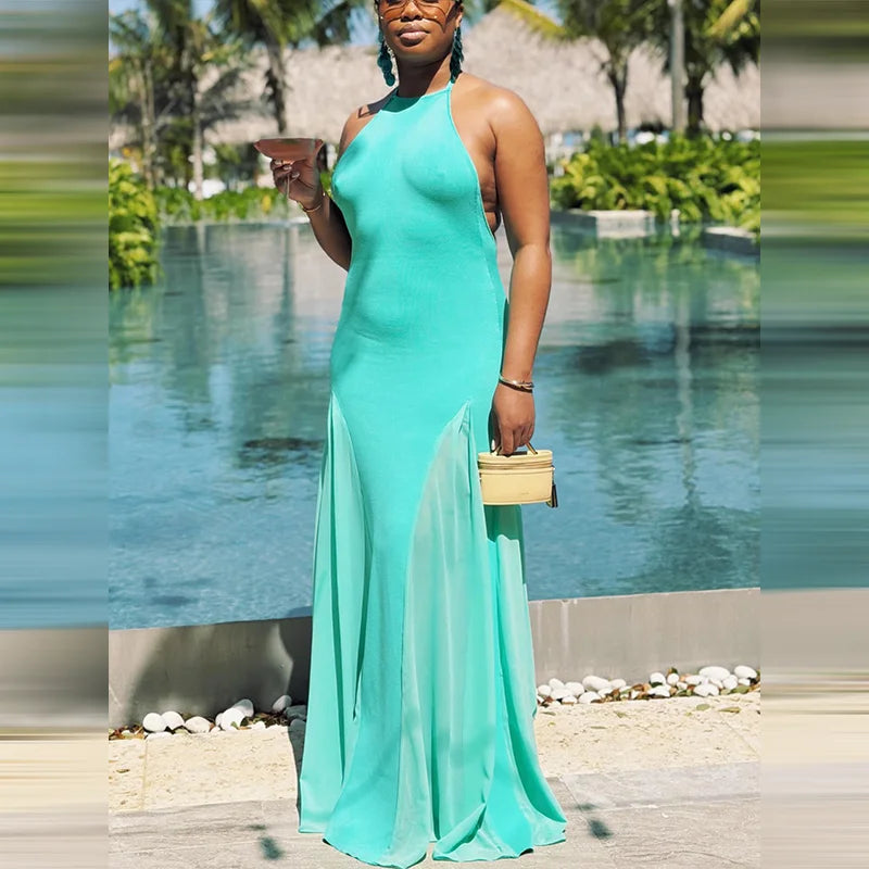 Women's Halter Neck Open Back Maxi Dress Ribbed Knit Top Flowy Chiffon Hem Bodycon Female Summer Evening Vacation Party Dress