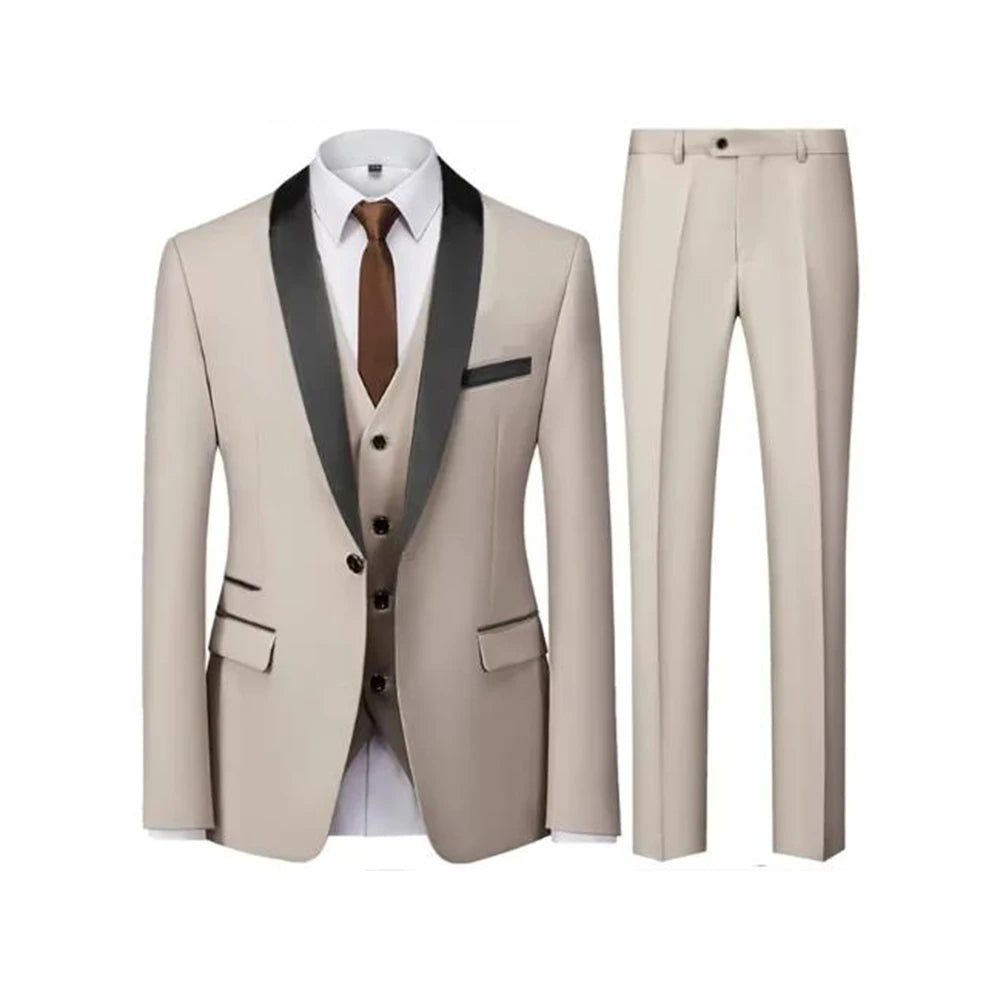 Men's 3 Piece Tuxedo Suit Set One Button Satin Shawl Lapel Slim Fit Blazer Vest Pants For Formal Business Wedding Groom