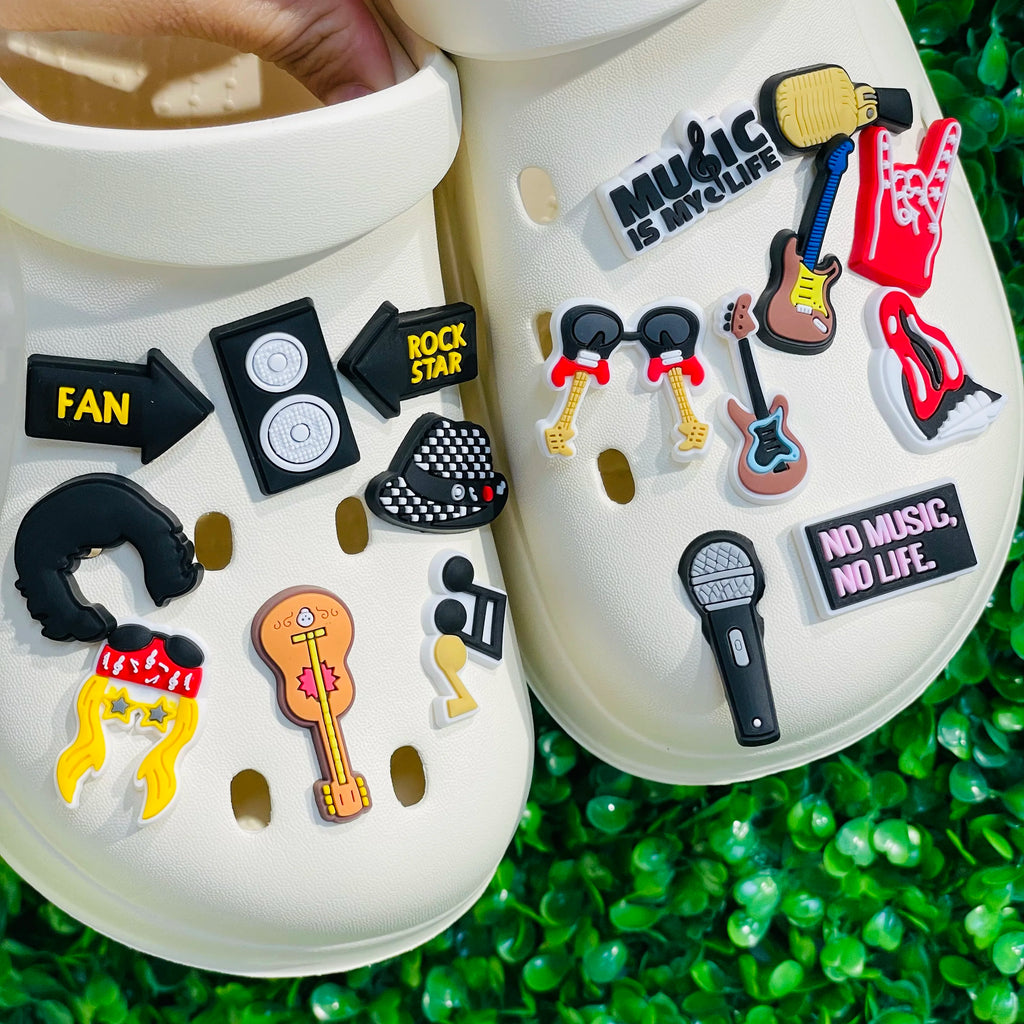 1-17PCS PVC Shoe Charms Fit Wristbands Music Life Rock Star Hole Slipper Decoration Shoe Buckle Button Accessories Adult Gift
