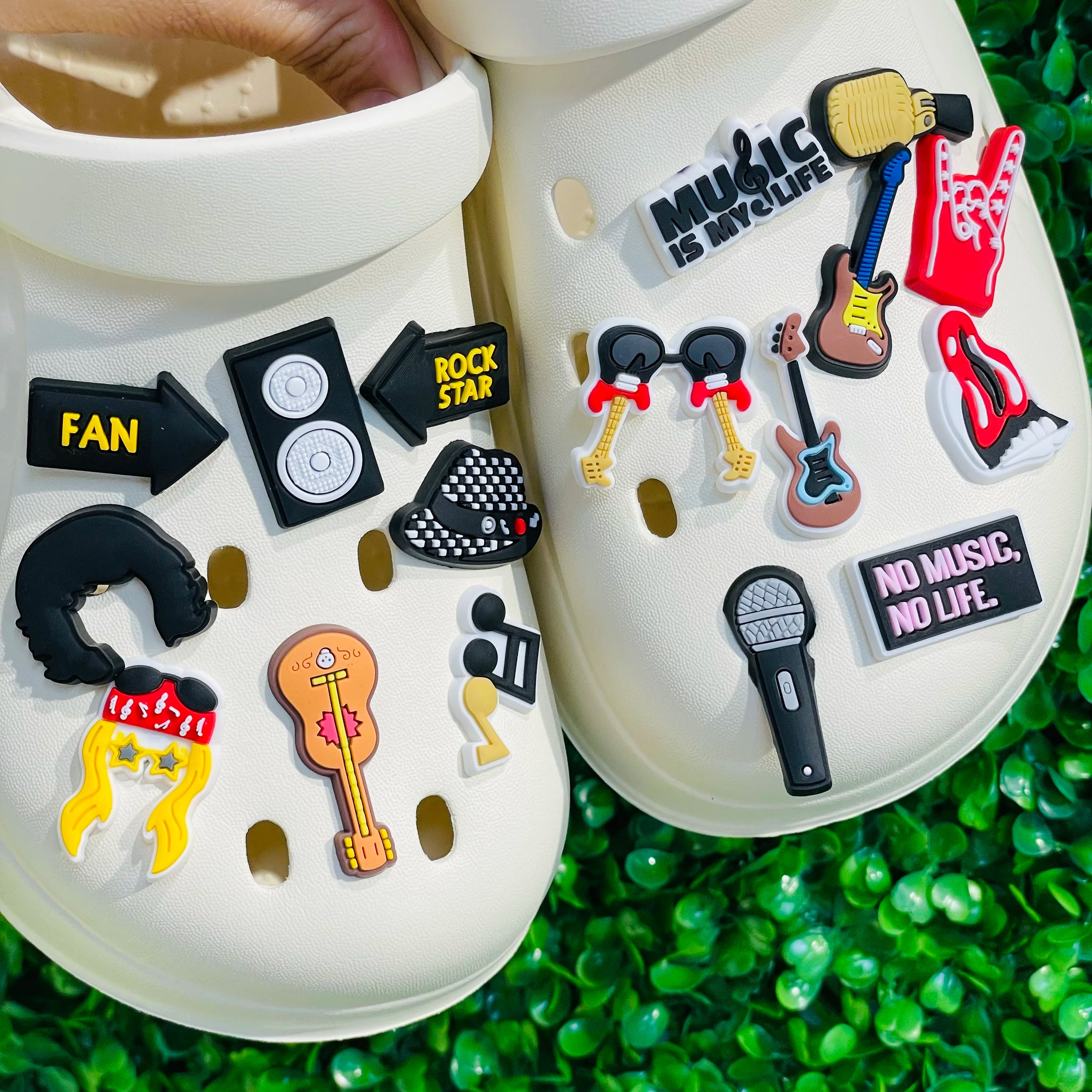 1-17PCS PVC Shoe Charms Fit Wristbands Music Life Rock Star Hole Slipper Decoration Shoe Buckle Button Accessories Adult Gift