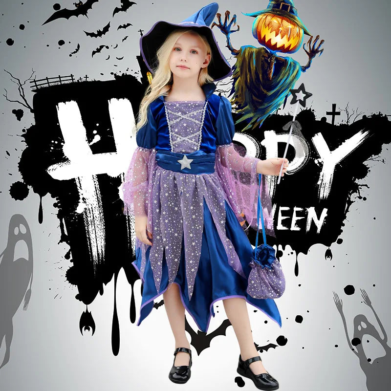 Halloween Party Costumes Witch Dress for Girls Kids Cosplay Carnival Witch Costume Pumpkin Dress Up With Bag Hat Wand Clothing