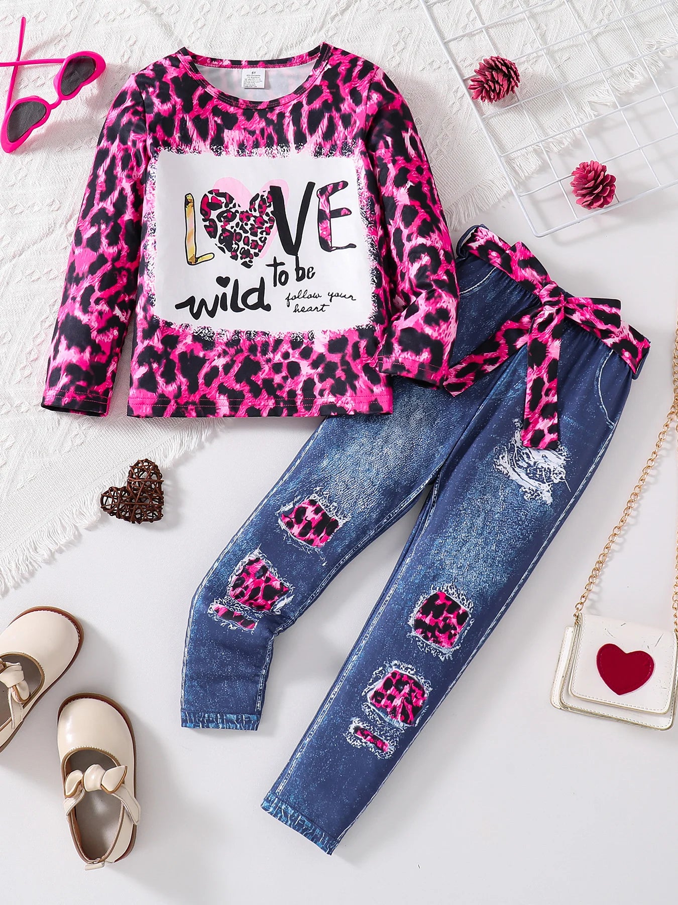 2-Piece Spring and Autumn Girls Fashion Set Pink Leopard Print Knit Round Neck Cartoon Print Long Sleeve + Dark Blue Slim Pants