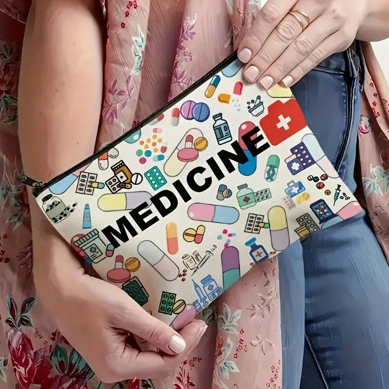 Medicine-Themed Cosmetic Travel Bag - Foldable Zippered Makeup Organizer, Gift for Healthcare Professionals, Cosmetic Bag