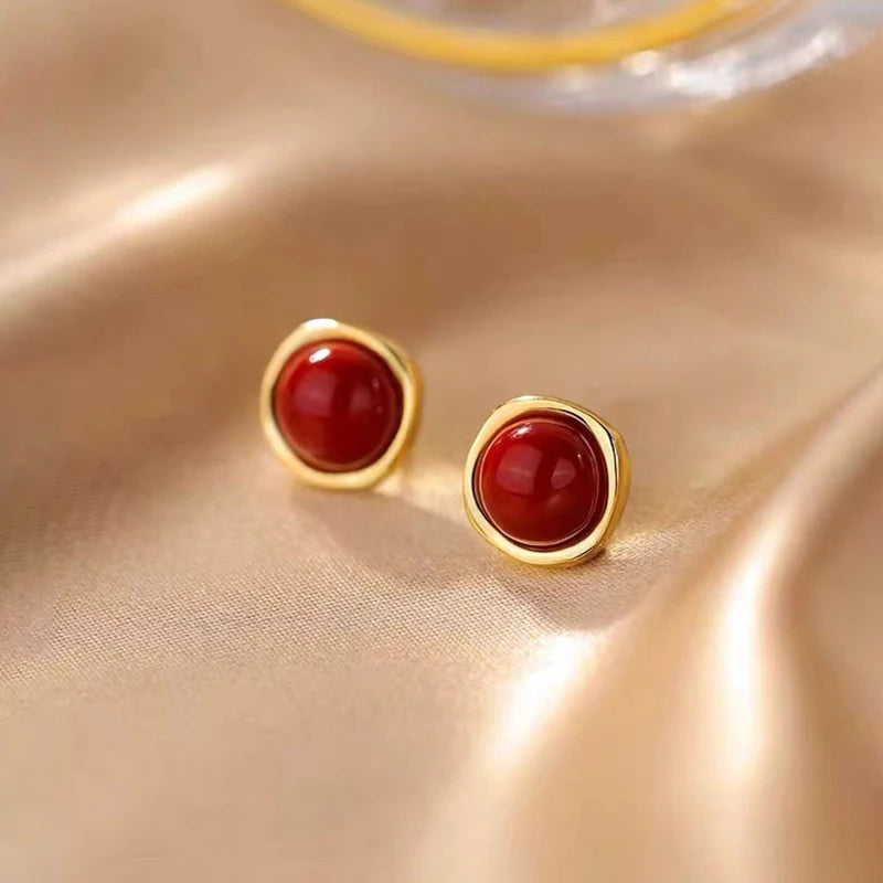Real 925 Sterling Silver 14K Gold Red Bead Geometric Mini Stud Earrings For Women Classic Fine Jewelry Light Luxury Accessories