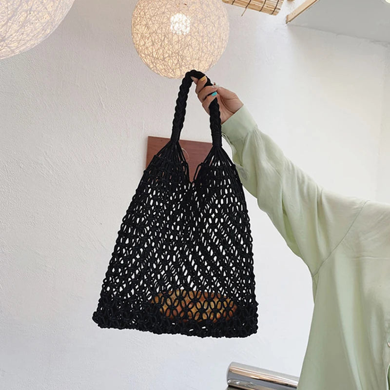 Summer Woven Bag for Women Handbags Handmade Knitted Beach Boho Shoulder Bag Large Tote Bag Hollow Out Shopping Bag