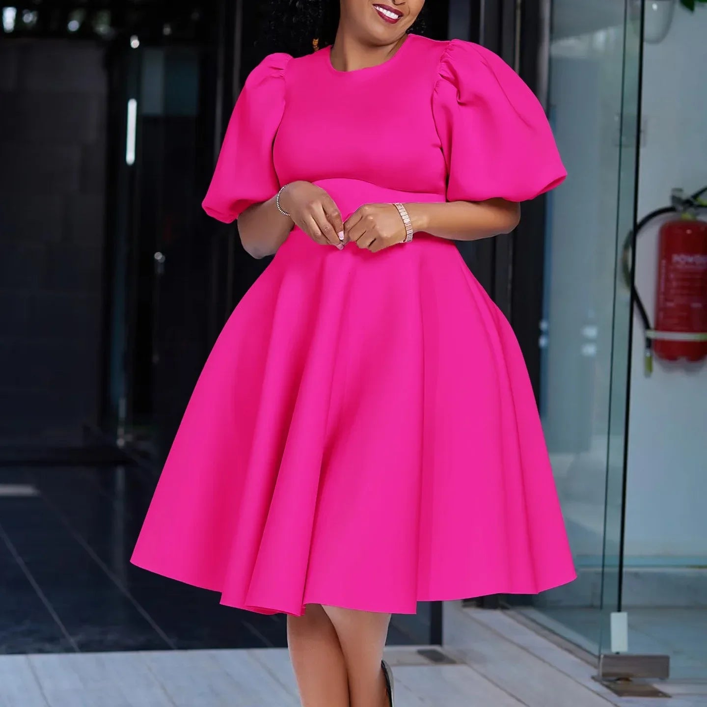 Elegant Dresses for Woman 2024 O Neck Short Sleeve High Waisted Pleated Mid Calf Luxury Female Birthday Party Dinner Vestidos