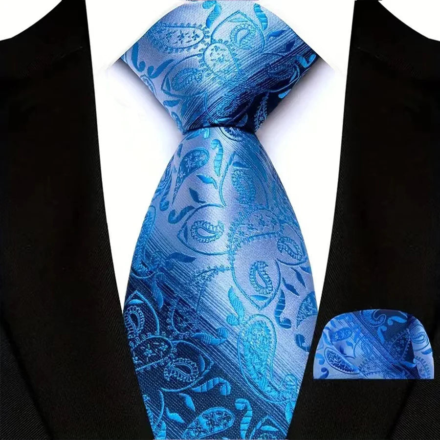 Men's Ties Set Luxury Floral Plaid Solid Light Blue Ties Business Party Formal Necktie Pocket Square Set Suits Accessory Gift