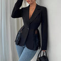 Elegant Lace Patchwork Blazer Women Fashion Notched Collar Long Sleeve One-button Perspective Sexy Versatile Suit Coat