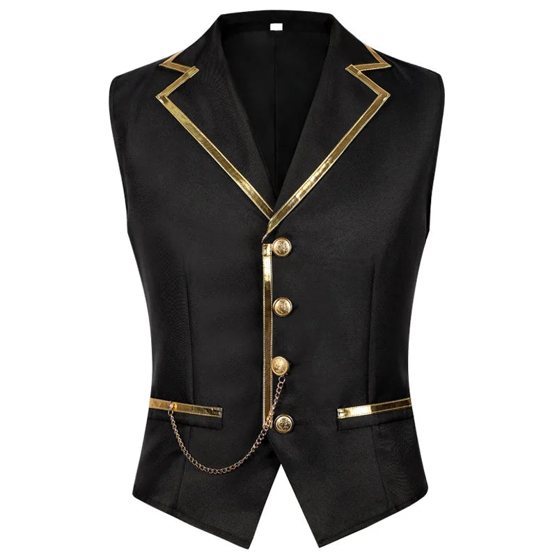 Men's Black Satin Suit Vest with Gold Trim and Chain - Formal Waistcoat for Wedding, Party, Prom - Slim Fit Tuxedo Vest