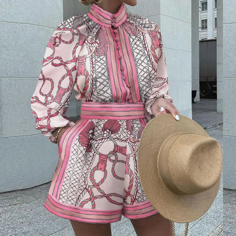 Women's Fall New Office Retro Suit Elegant Printed Semi-high-neck Long-sleeved Shirt + High-waisted Shorts Two-piece Set 2025