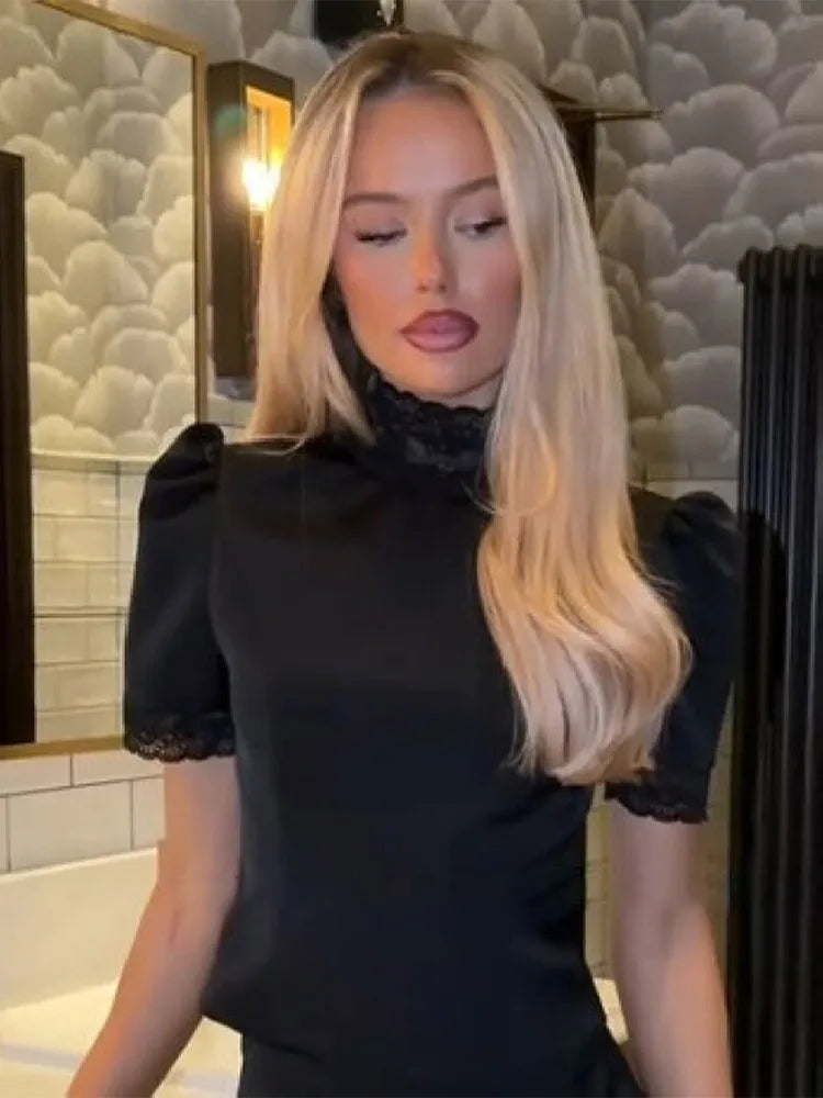 New Satin Lace Edge Top Short Sets For Women High Neck Padded Shoulder Blouse Low Waist Shorts 2026 Lady Spring Summer Outfits