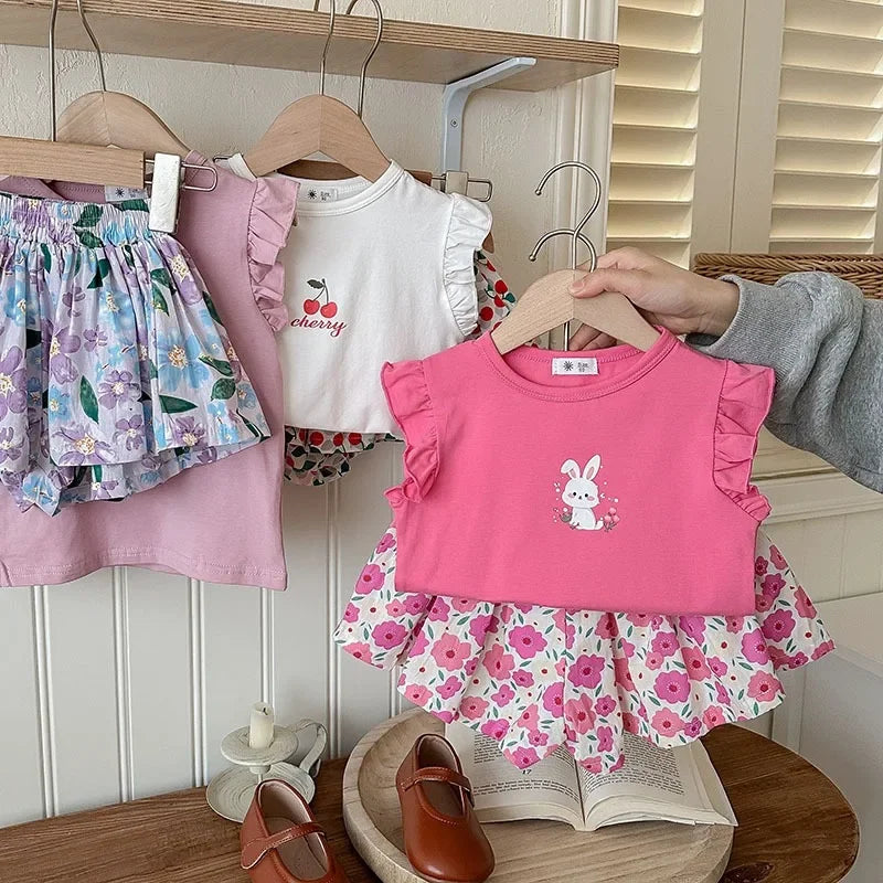 Summer Baby Girls Clothes Cotton Children's Clothing Sets for Kids  Butterfly Sleeve T-Shirts Flowers Print Shorts Two Piece
