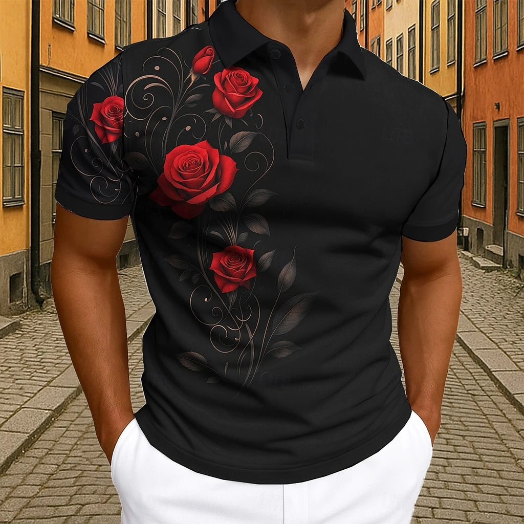 Elegant Red Rose Floral Polo Shirt For Men 3D Print Vine Pattern Short Sleeve Turn Down Collar Casual Business Golf Shirt