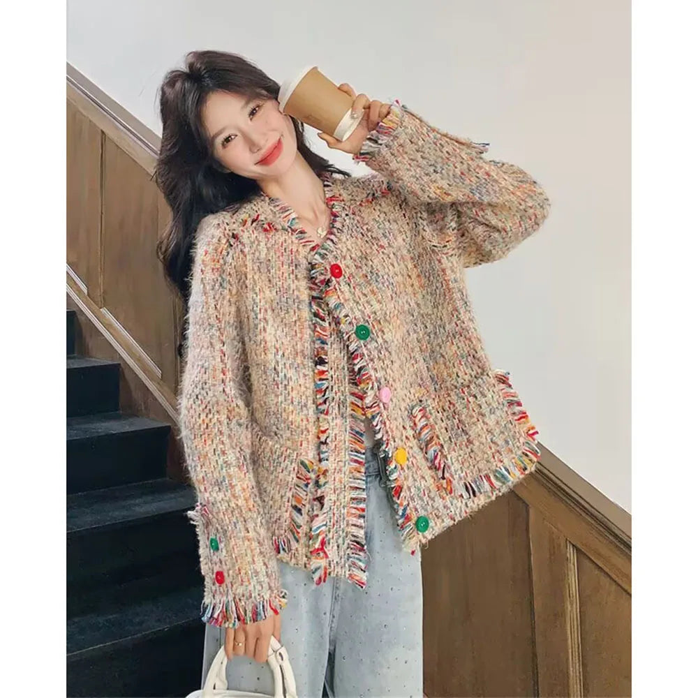 Spring Autumn Female Long Sleeves Jacket Women Advanced Leisure Short Tweed Coat Ladies Fashion Casual Round Neck Tops Outwear