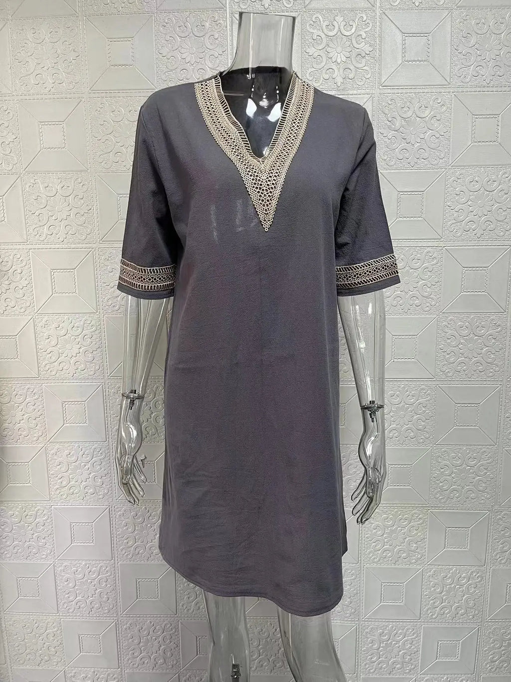 New Solid Color V-Neck Mid-Sleeved Elegant Dress